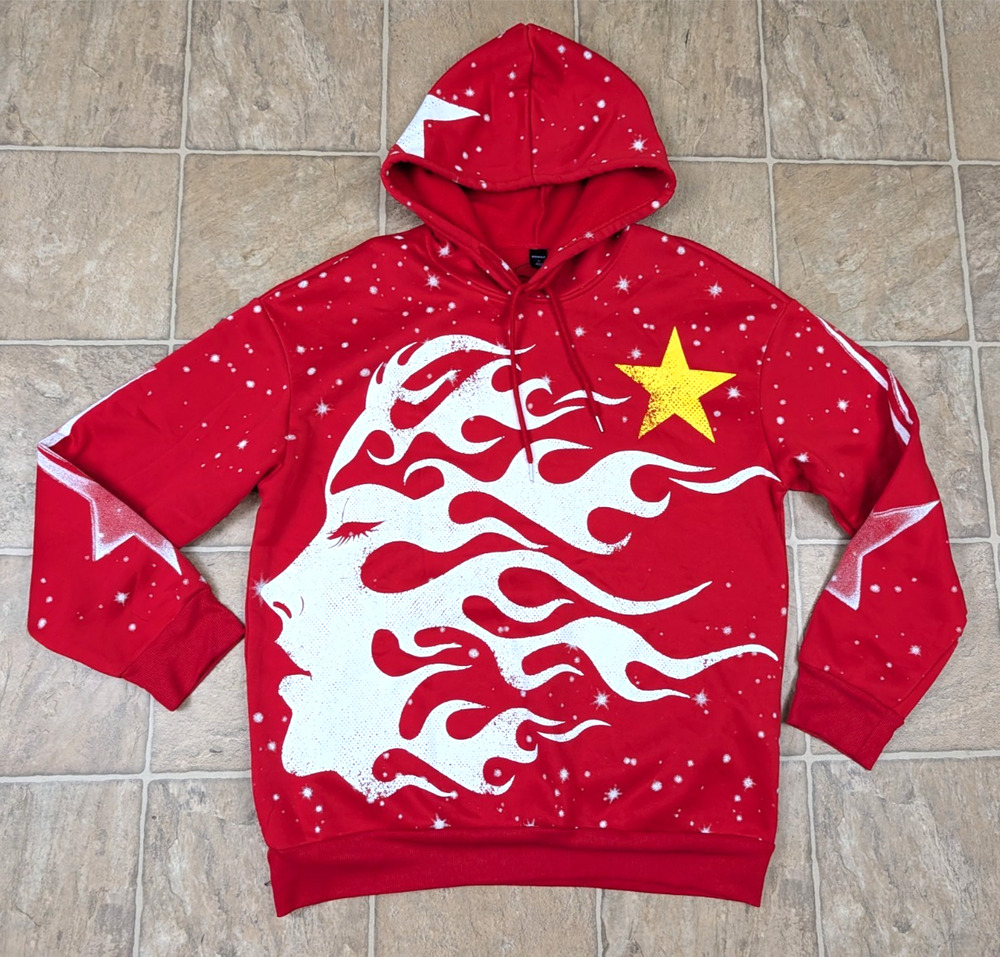 ROMWE men's sz L 40 Flame Fleece Hoodie Sweatshirt bright red streetwear 1894